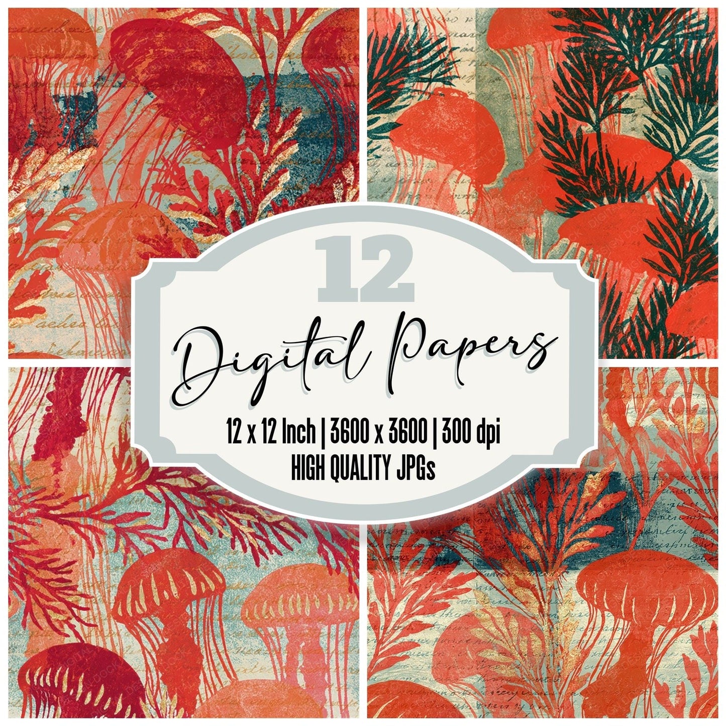 Woodblock Jellyfish Seaweed Coral Mint Seamless Digital Paper Pack (DDD012531)