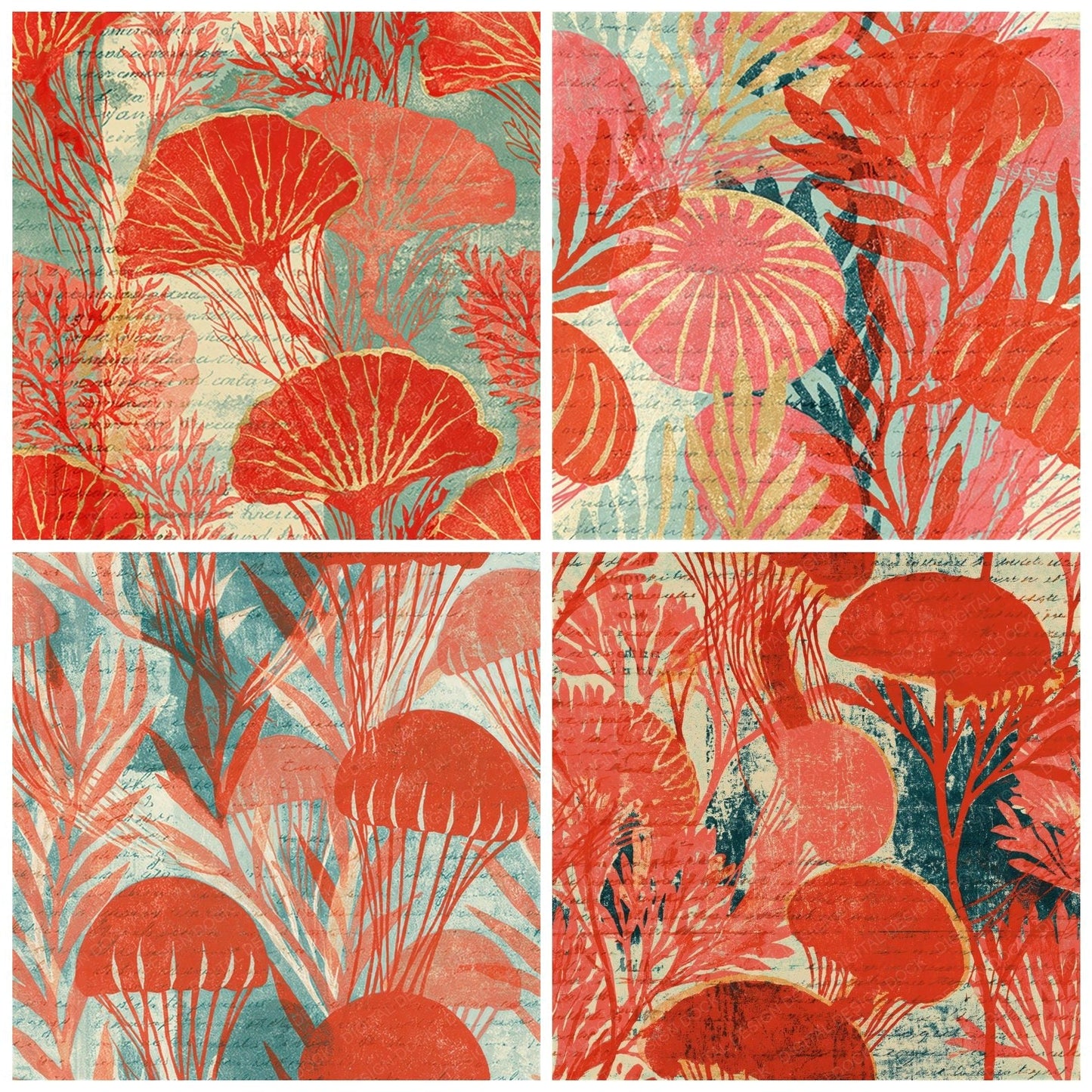 Woodblock Jellyfish Seaweed Coral Mint Seamless Digital Paper Pack (DDD012531)