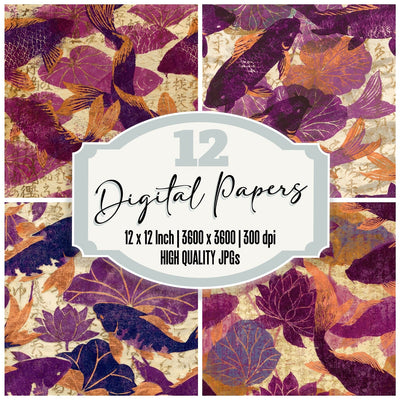 Woodblock Koi Lotus Plum Cream Seamless digital paper pack cover showing four of the 12 papers