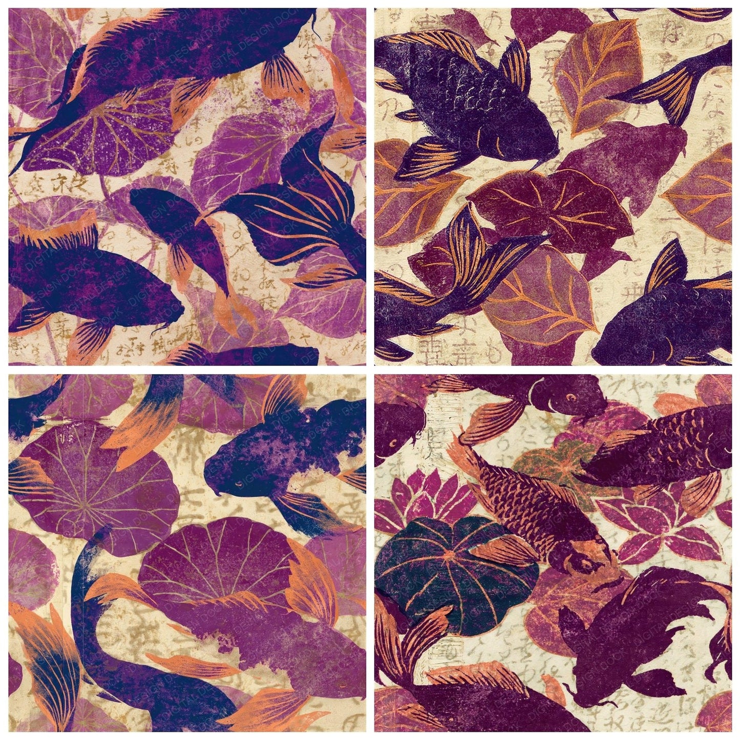 Woodblock Koi Lotus Plum Cream Seamless Digital Paper Pack (DDD012532)