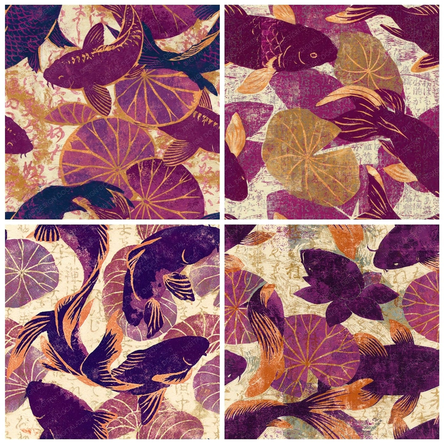 Woodblock Koi Lotus Plum Cream Seamless Digital Paper Pack (DDD012532)