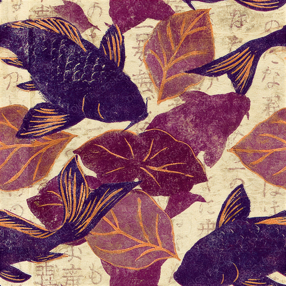 Woodblock Koi Lotus Plum Cream Seamless Digital Paper Pack (DDD012532)