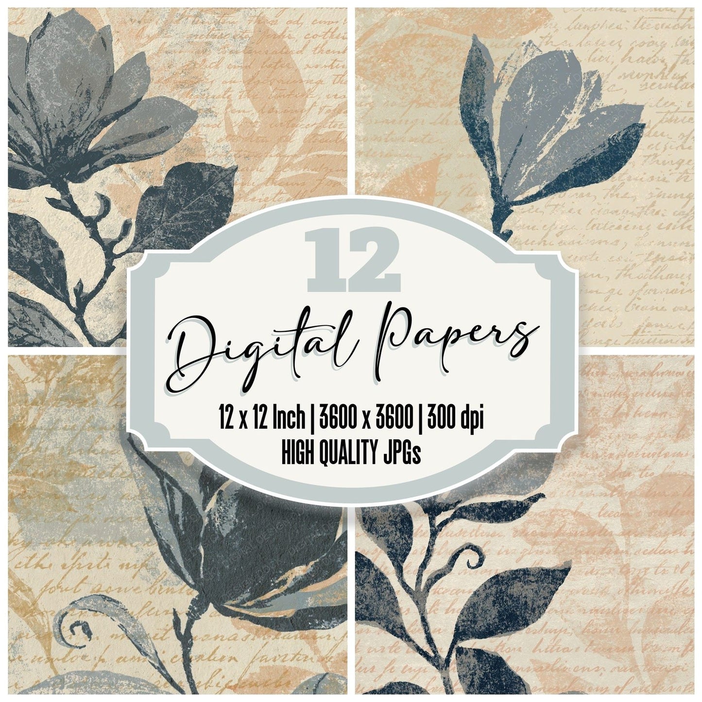 Woodblock Magnolia Dove Pewter Digital Paper Pack (DDD012533)