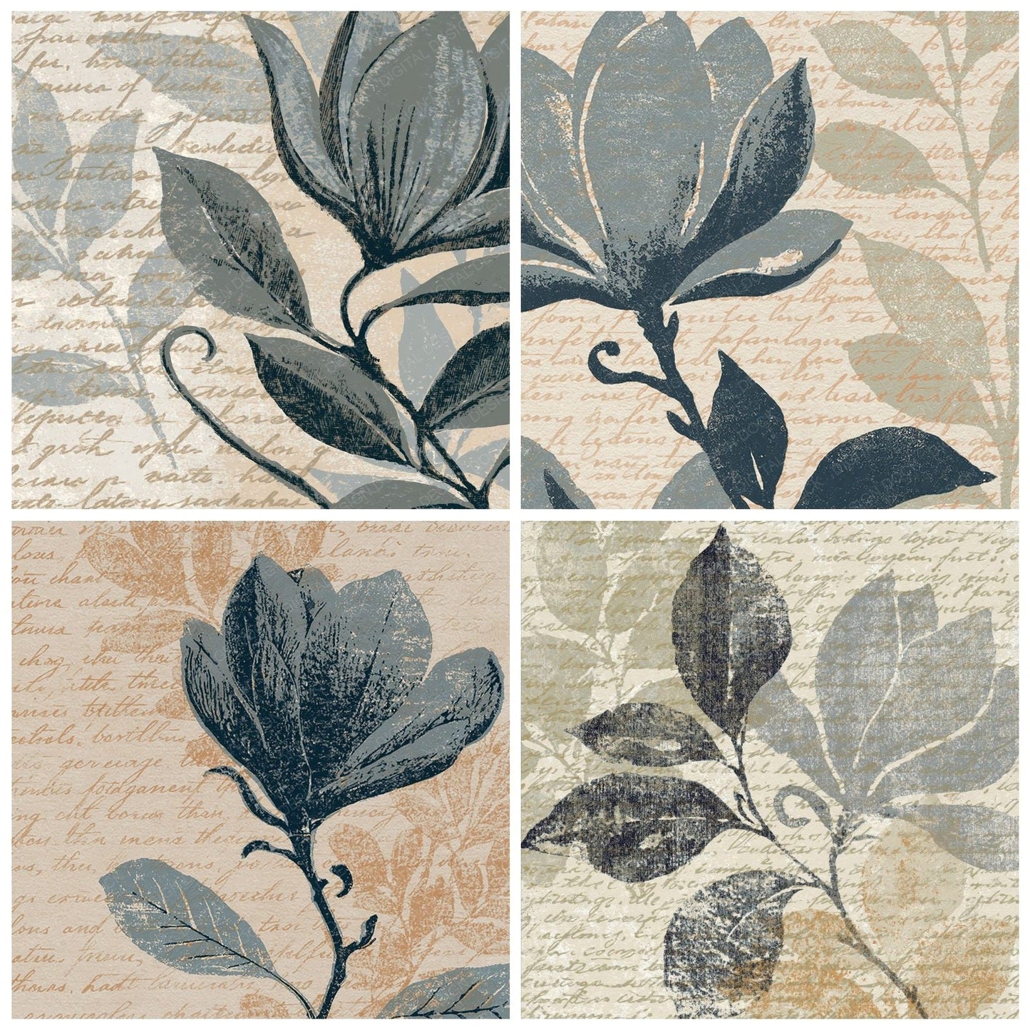 Woodblock Magnolia Dove Pewter Digital Paper Pack (DDD012533)