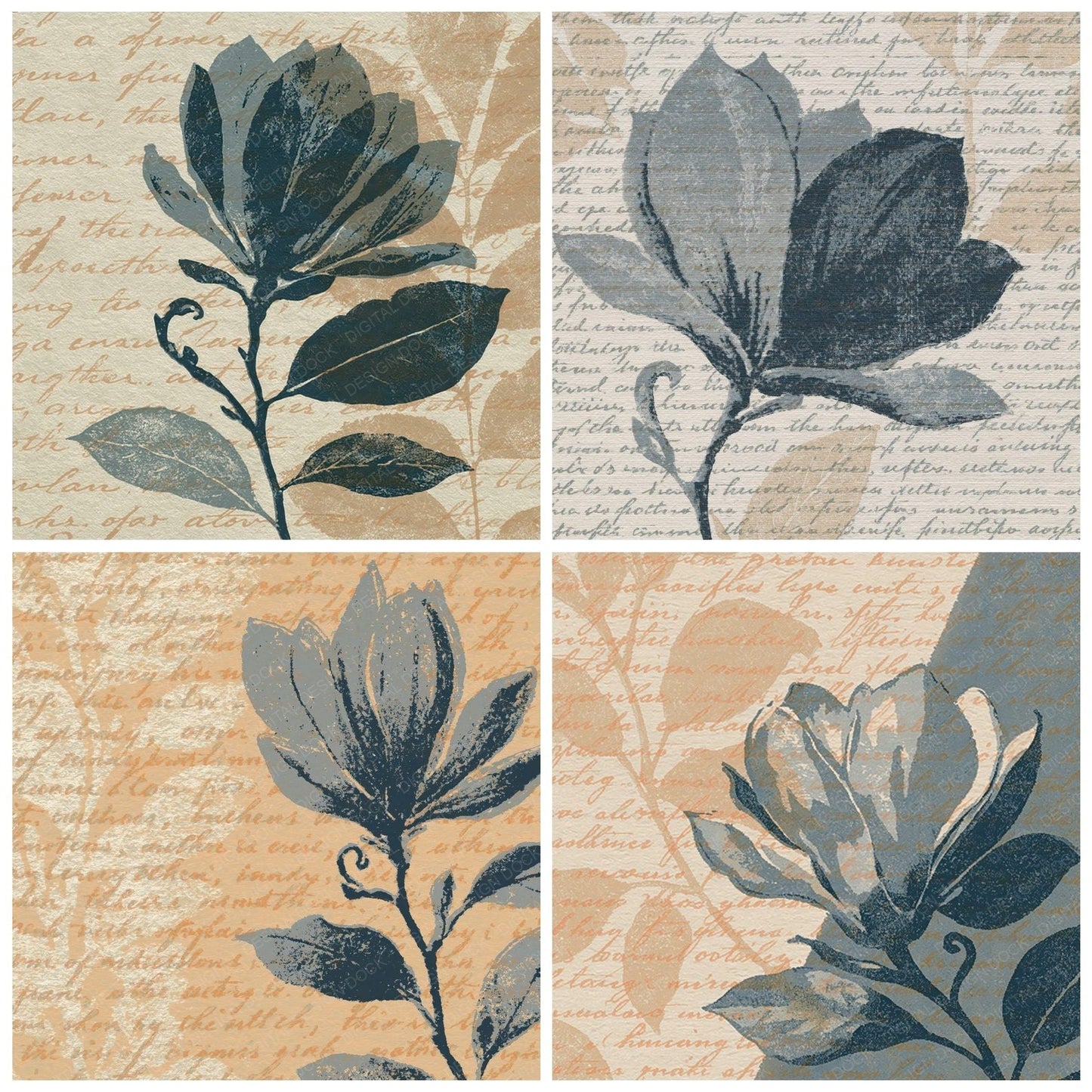 Woodblock Magnolia Dove Pewter Digital Paper Pack (DDD012533)