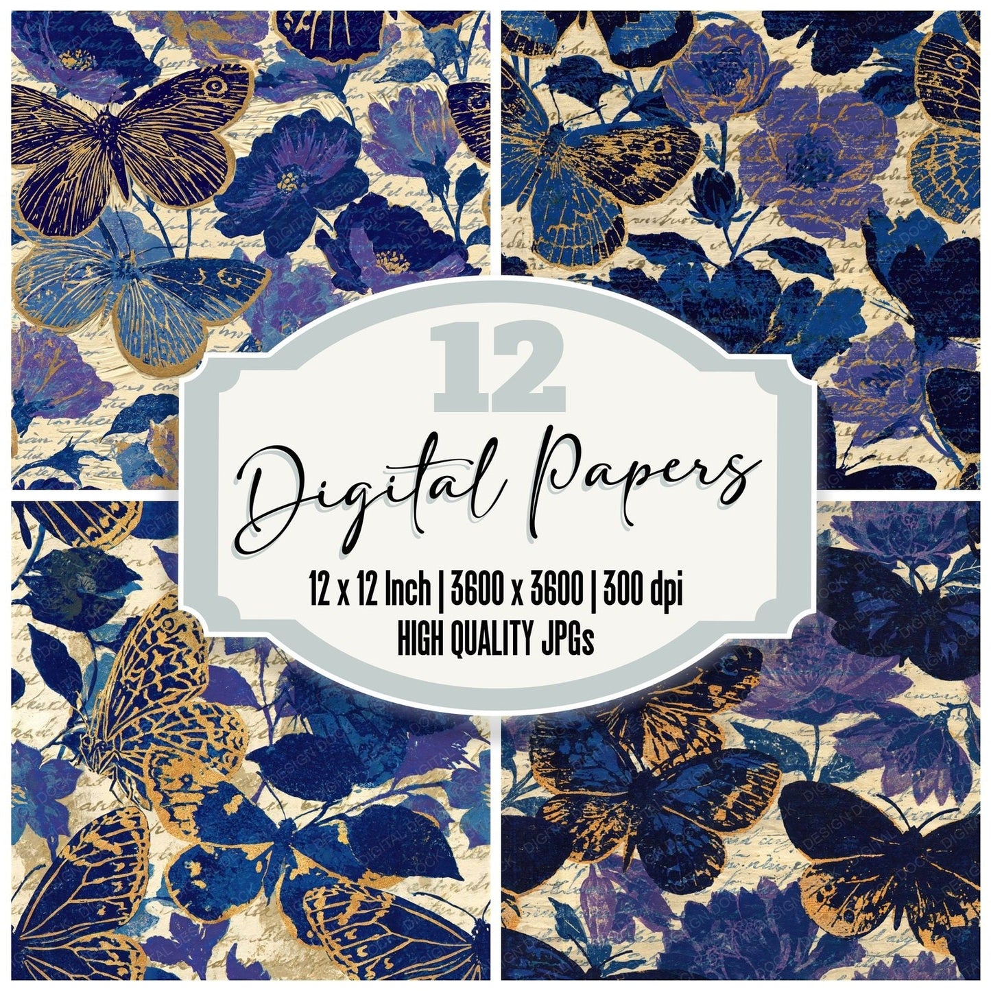 Woodblock Moth Nightshade Midnight Bone Seamless Digital Paper Pack (DDD012534)