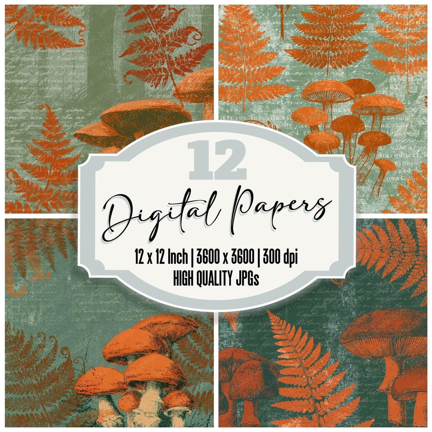 Woodblock Mushroom Fern Persimmon Moss Digital Paper Pack (DDD012535)