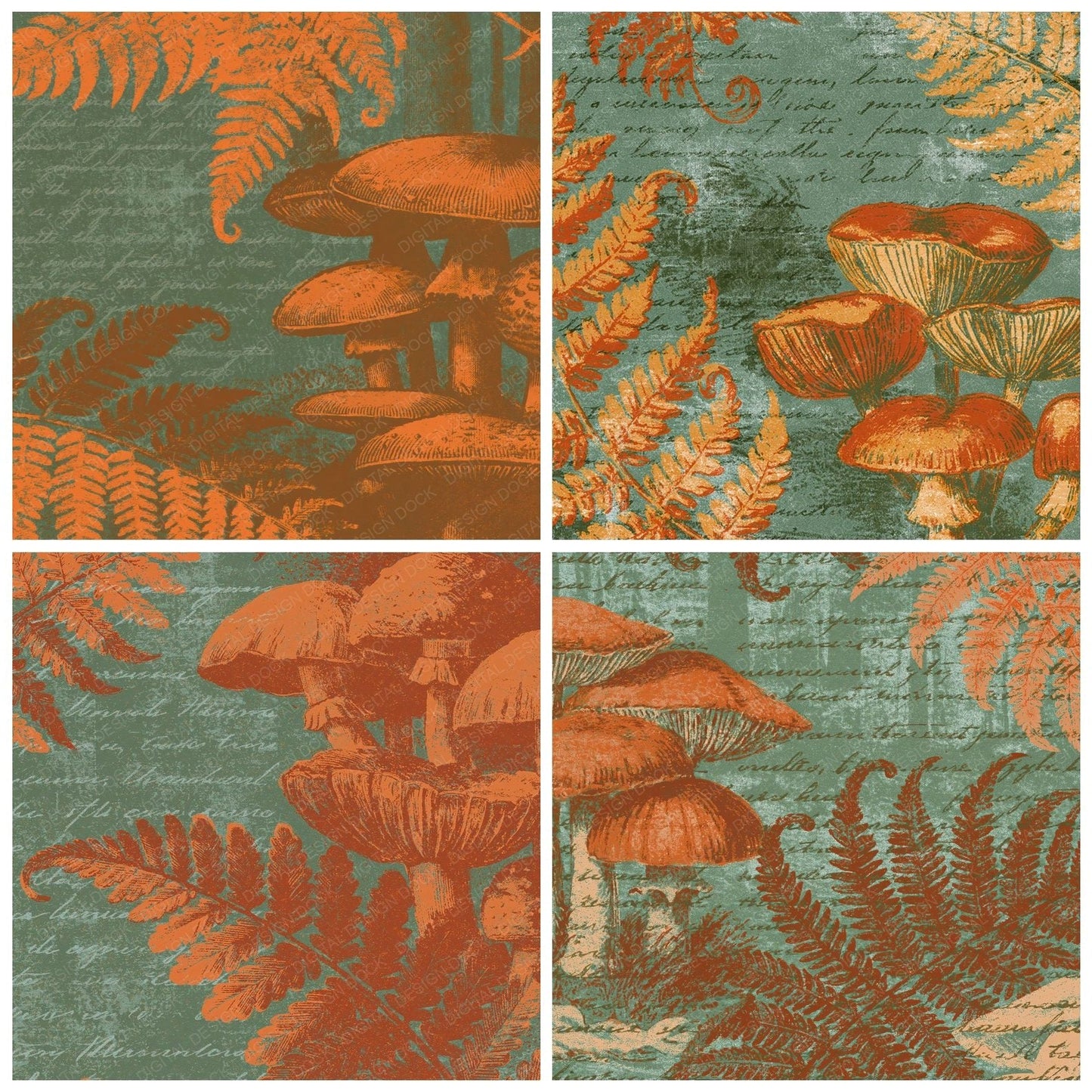 Woodblock Mushroom Fern Persimmon Moss Digital Paper Pack (DDD012535)