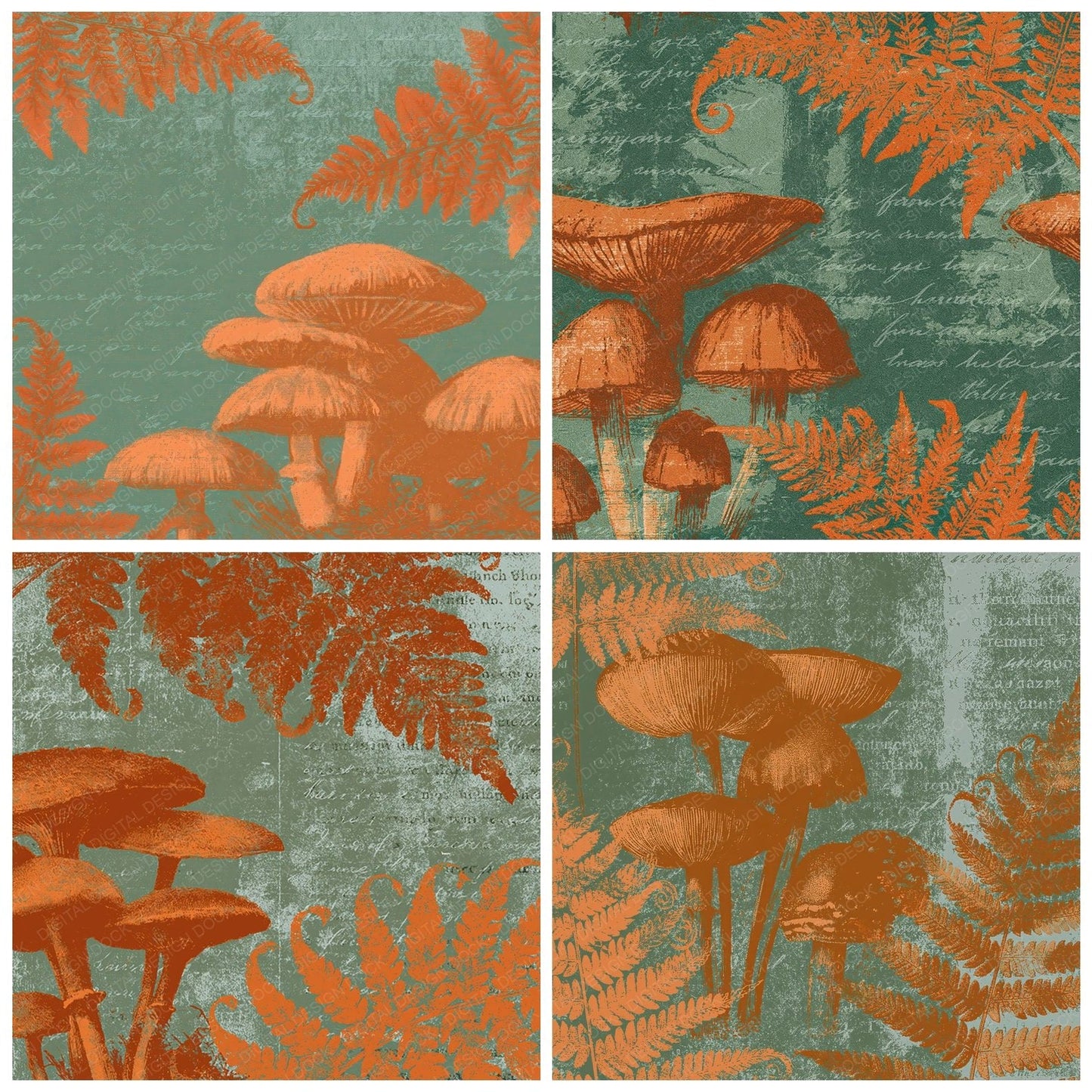 Woodblock Mushroom Fern Persimmon Moss Digital Paper Pack (DDD012535)