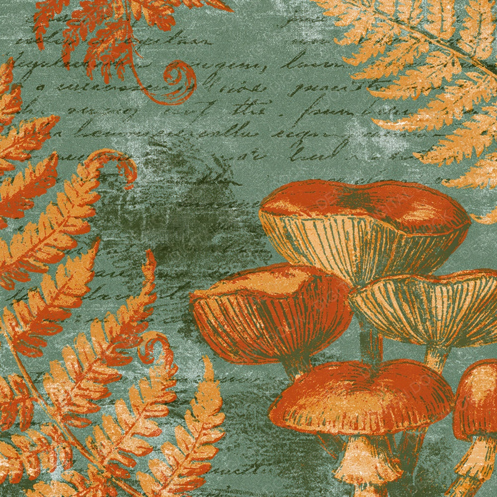 Woodblock Mushroom Fern Persimmon Moss Digital Paper Pack (DDD012535)