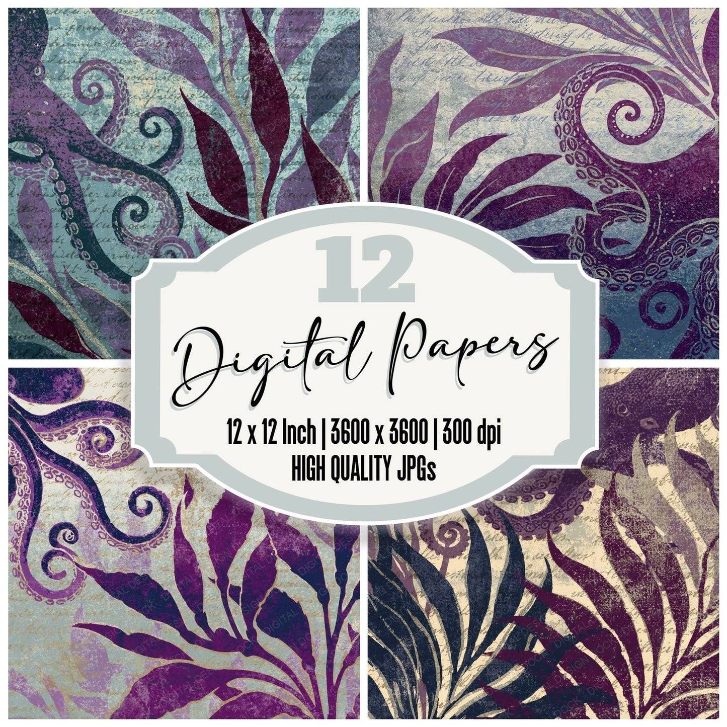 Woodblock Octopus Kelp Amethyst Seafoam Digital Paper Pack (DDD012536)