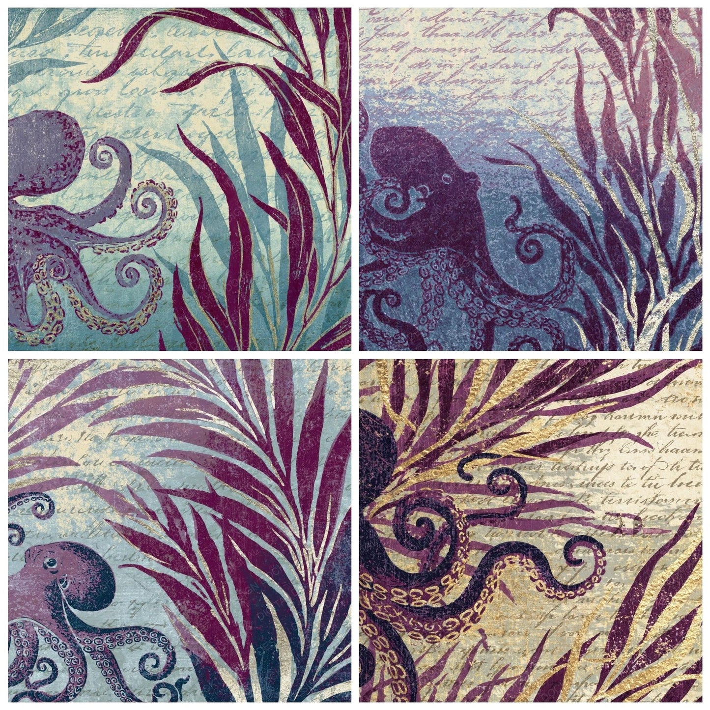 Woodblock Octopus Kelp Amethyst Seafoam Digital Paper Pack (DDD012536)