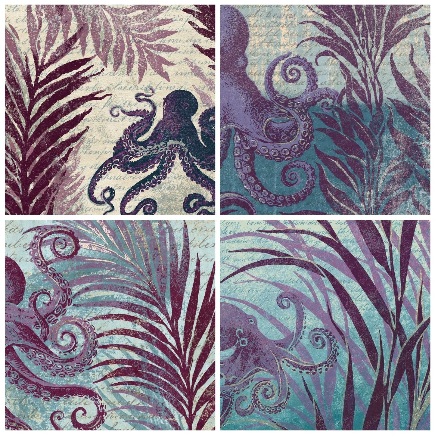 Woodblock Octopus Kelp Amethyst Seafoam Digital Paper Pack (DDD012536)