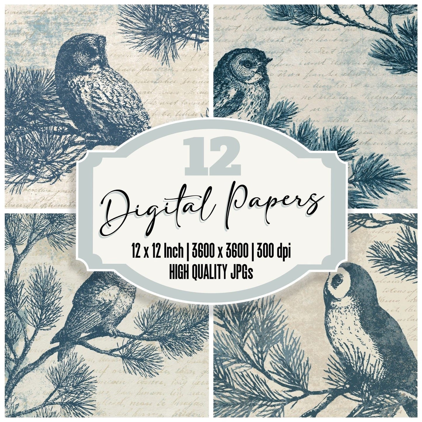 Woodblock Owl Pine Slate Buttercream Digital Paper Pack (DDD012538)