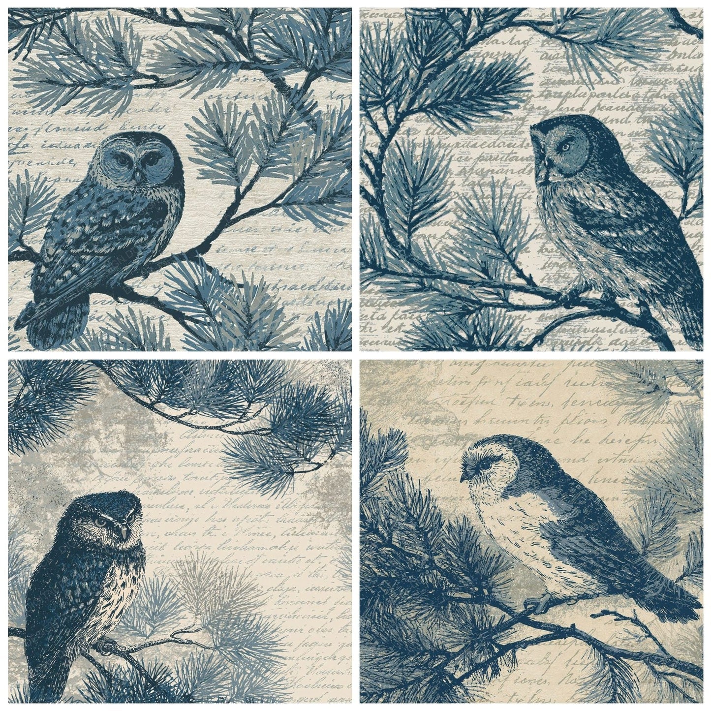 Woodblock Owl Pine Slate Buttercream Digital Paper Pack (DDD012538)