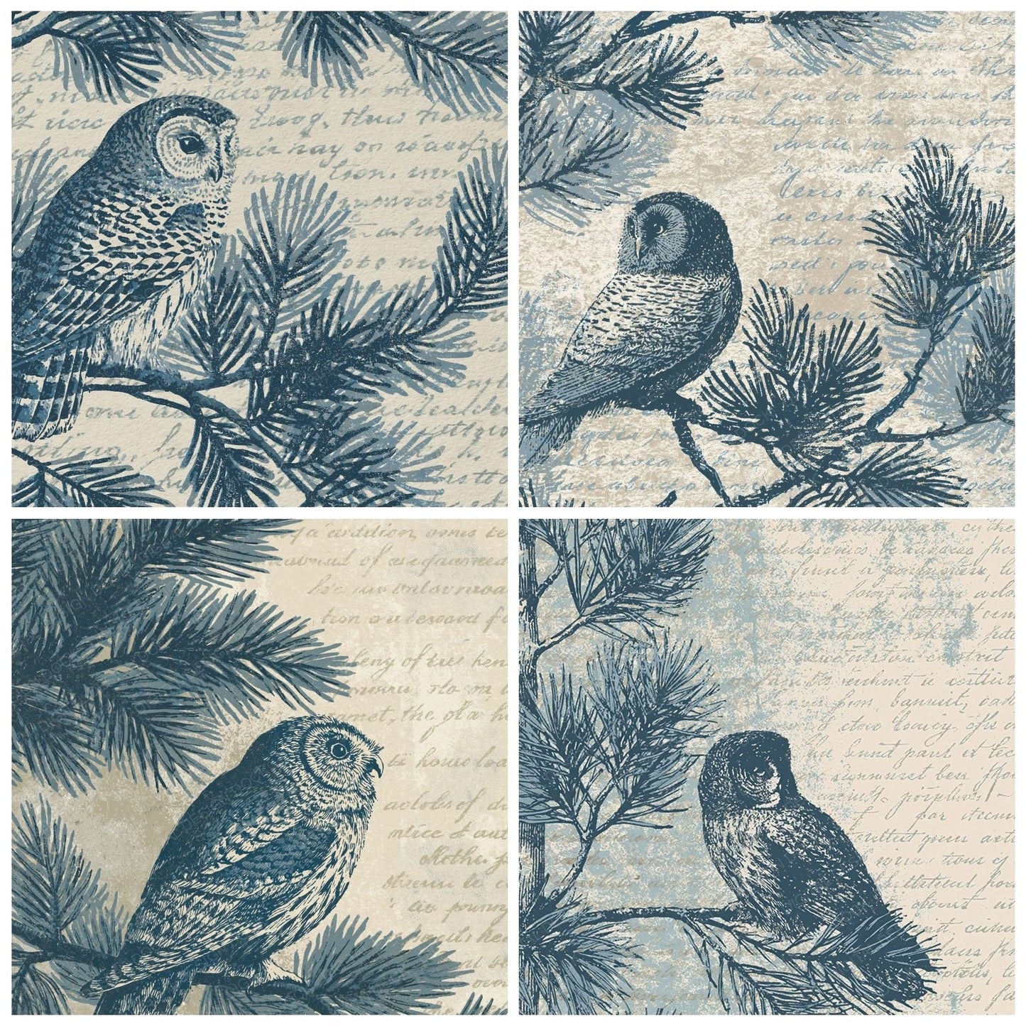 Woodblock Owl Pine Slate Buttercream Digital Paper Pack (DDD012538)