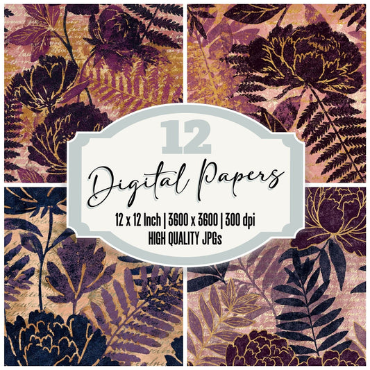 Woodblock Peony Fern Aubergine Gold Seamless Digital Paper Pack (DDD012539)