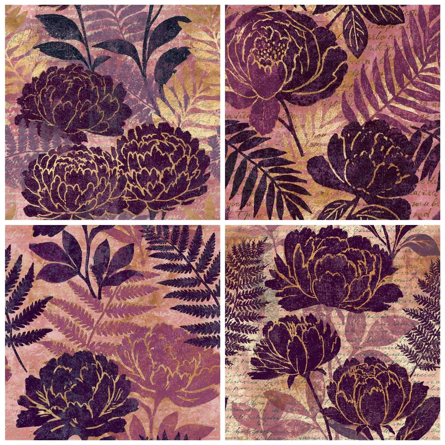 Woodblock Peony Fern Aubergine Gold Seamless Digital Paper Pack (DDD012539)