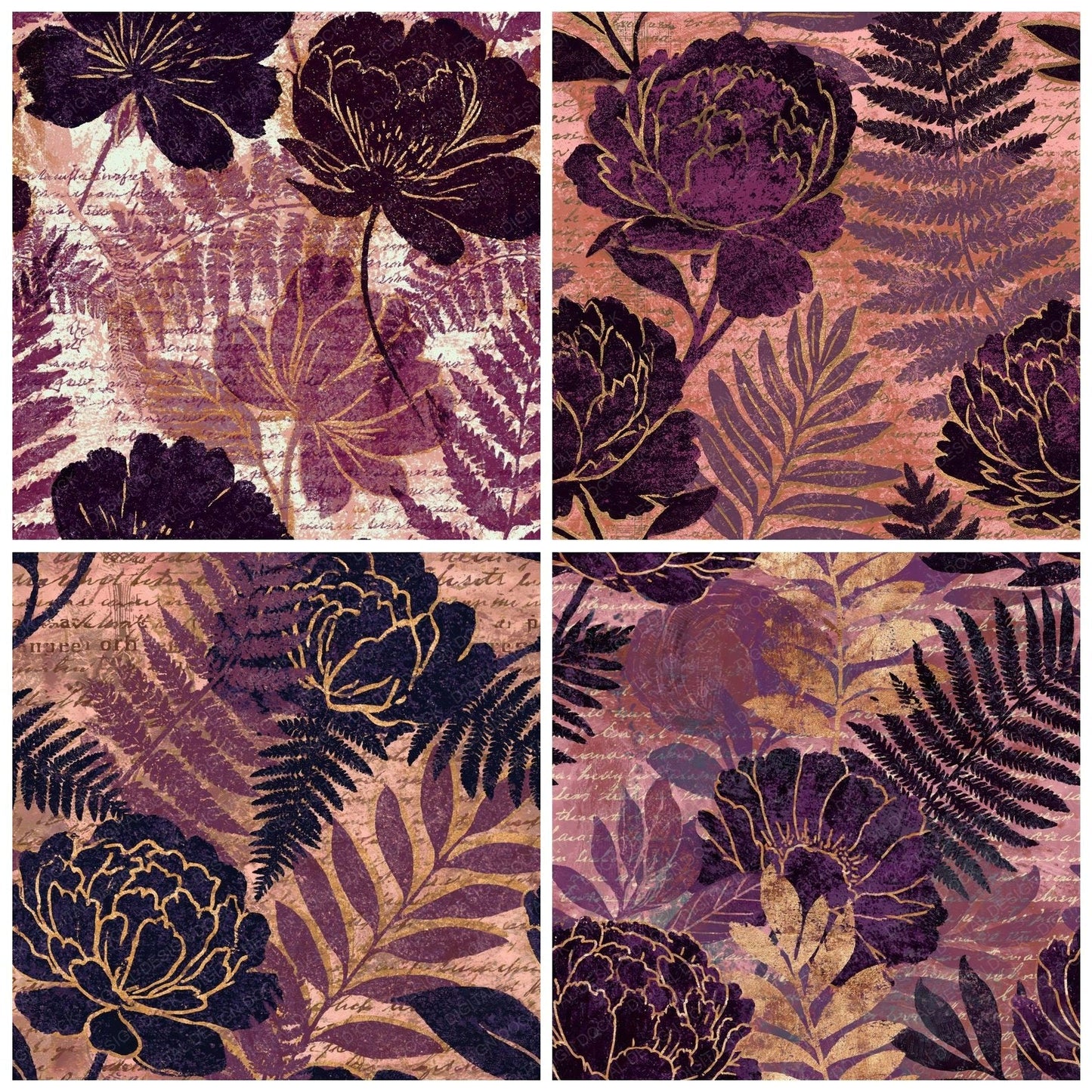 Woodblock Peony Fern Aubergine Gold Seamless Digital Paper Pack (DDD012539)