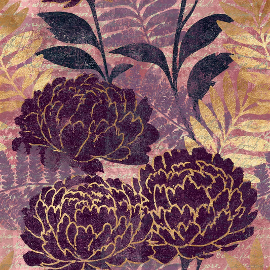 Woodblock Peony Fern Aubergine Gold Seamless Digital Paper Pack (DDD012539)