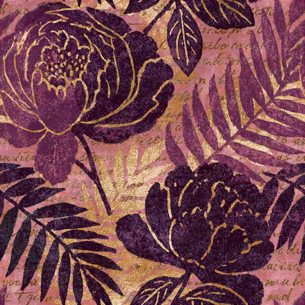 Woodblock Peony Fern Aubergine Gold Seamless Digital Paper Pack (DDD012539)