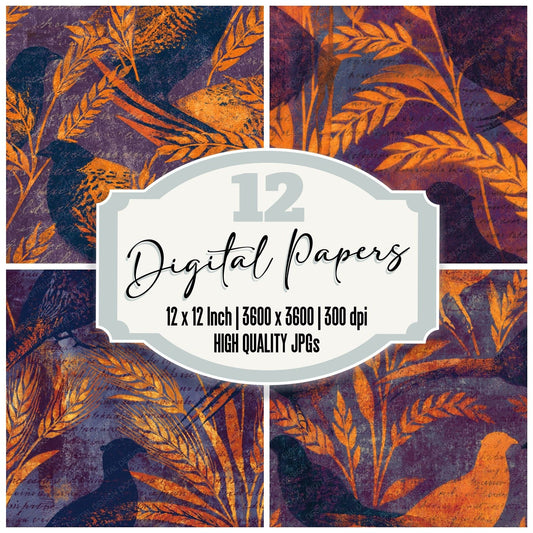 Woodblock Pheasant Wheat Saffron Violet Seamless Digital Paper Pack (DDD012540)