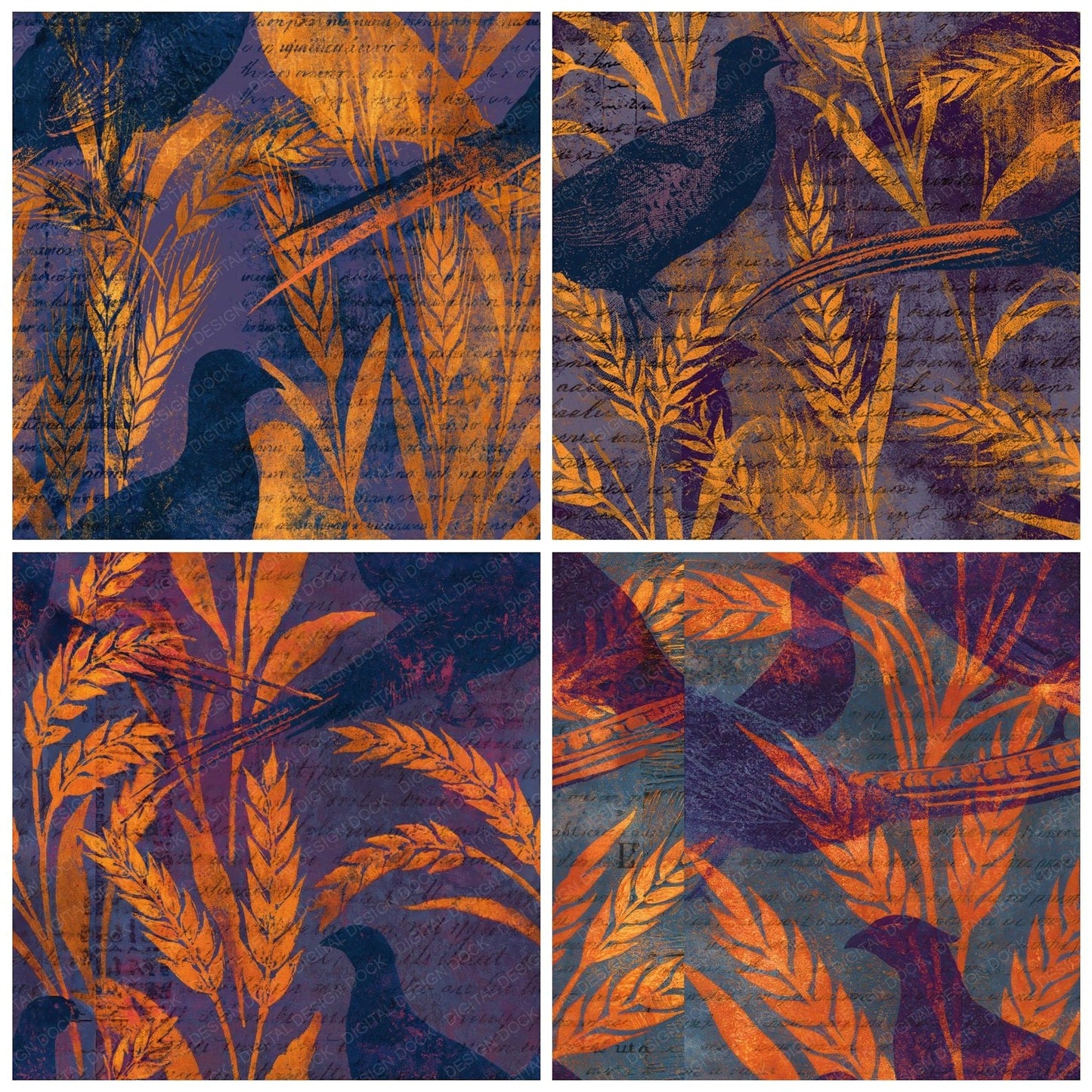 Woodblock Pheasant Wheat Saffron Violet Seamless Digital Paper Pack (DDD012540)
