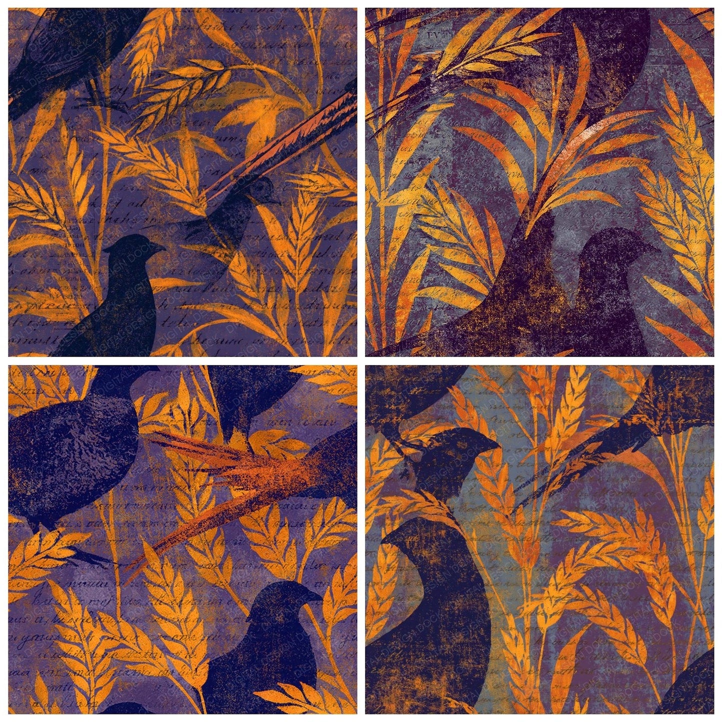Woodblock Pheasant Wheat Saffron Violet Seamless Digital Paper Pack (DDD012540)