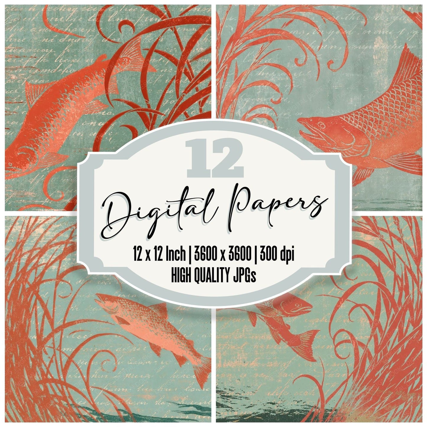 Woodblock Salmon Reeds Coral Celadon Digital Paper Pack (DDD012541)