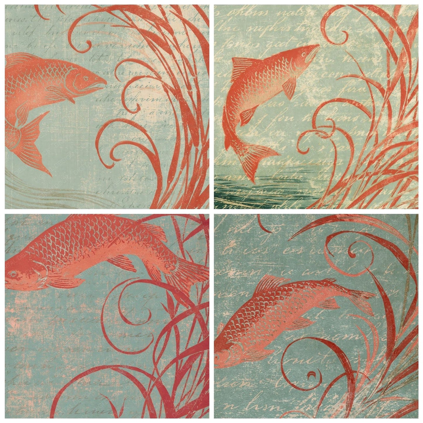 Woodblock Salmon Reeds Coral Celadon Digital Paper Pack (DDD012541)