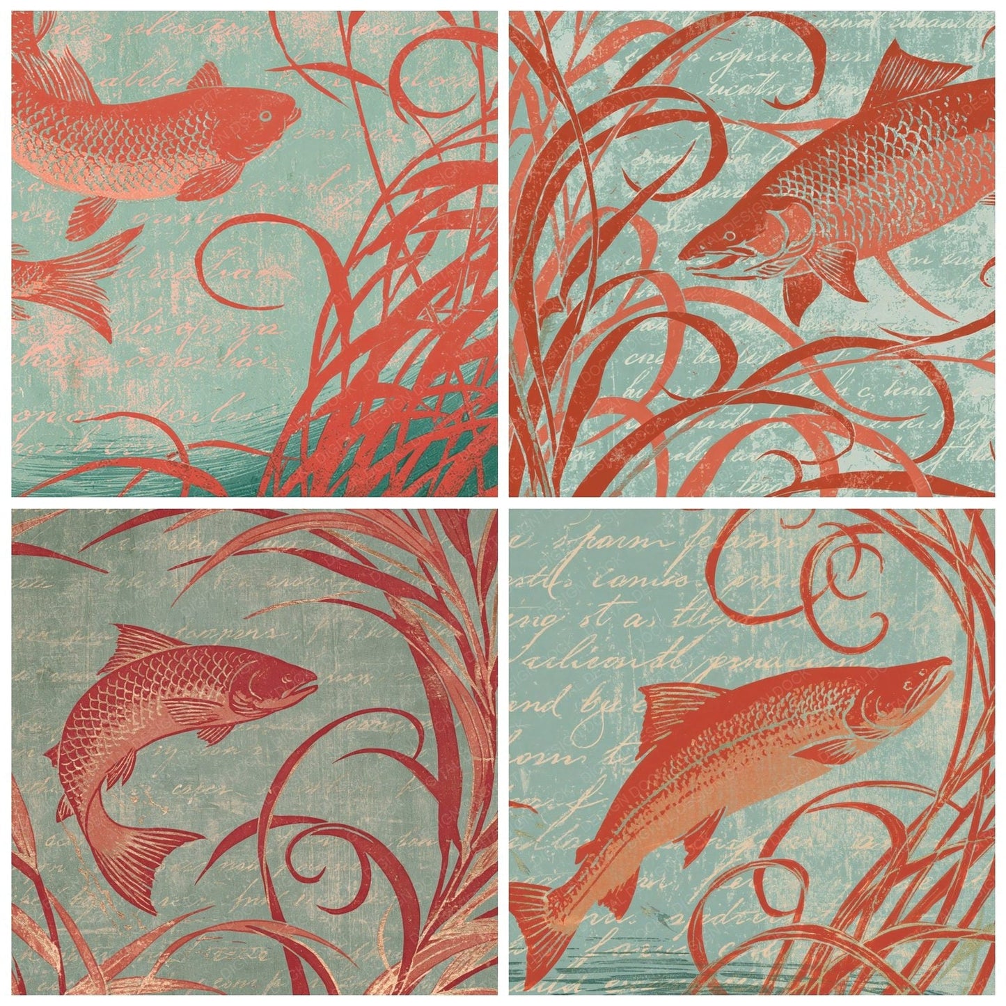 Woodblock Salmon Reeds Coral Celadon Digital Paper Pack (DDD012541)