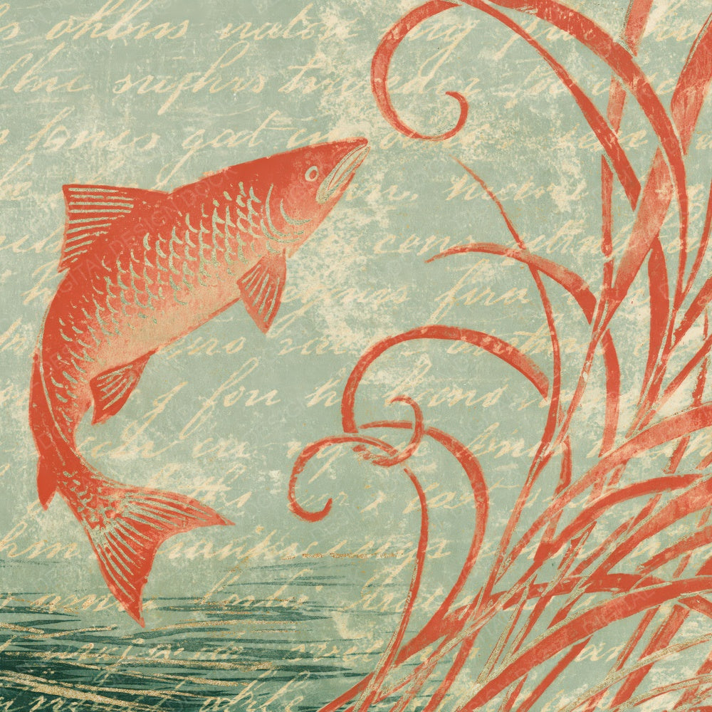 Woodblock Salmon Reeds Coral Celadon Digital Paper Pack (DDD012541)