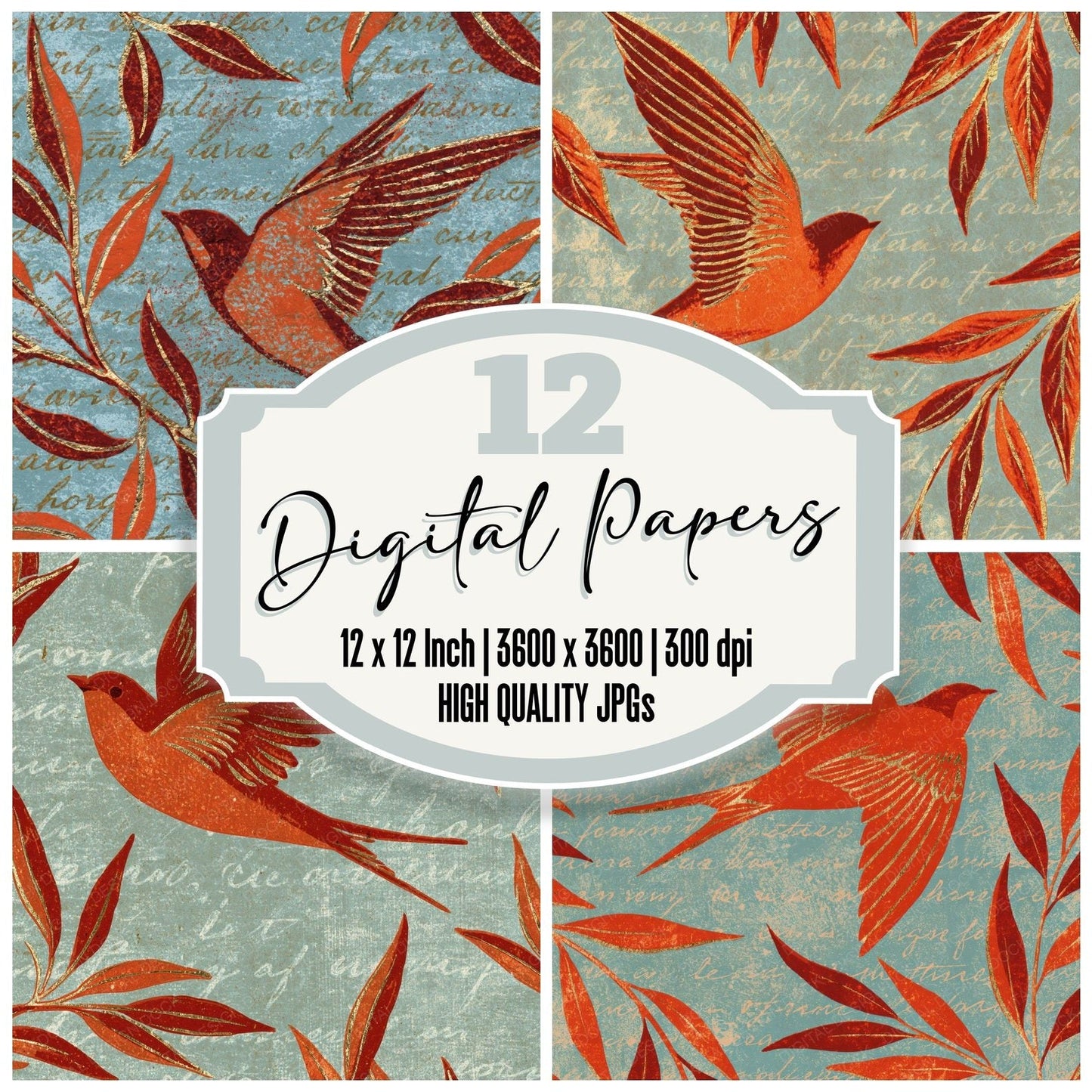 Woodblock Swallow Willow Carnelian Chalk Digital Paper Pack (DDD012543)