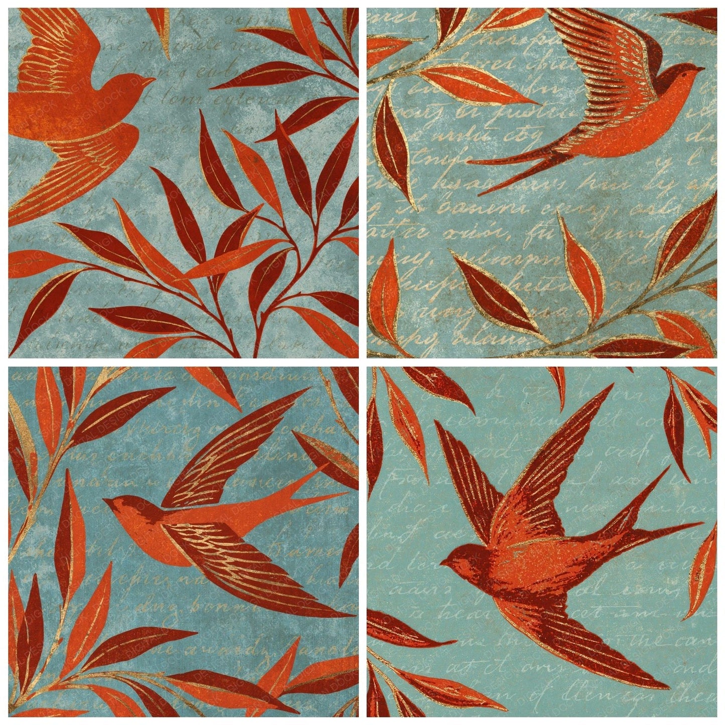Woodblock Swallow Willow Carnelian Chalk Digital Paper Pack (DDD012543)