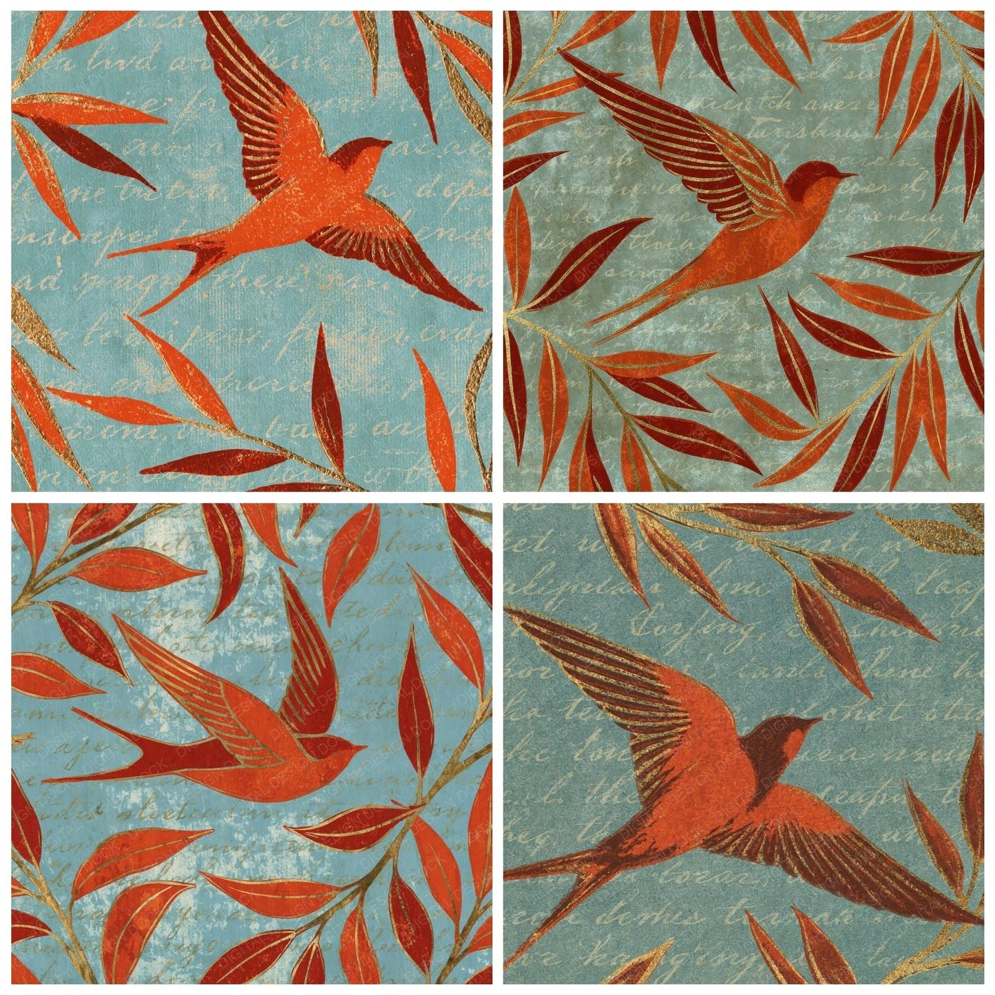 Woodblock Swallow Willow Carnelian Chalk Digital Paper Pack (DDD012543)