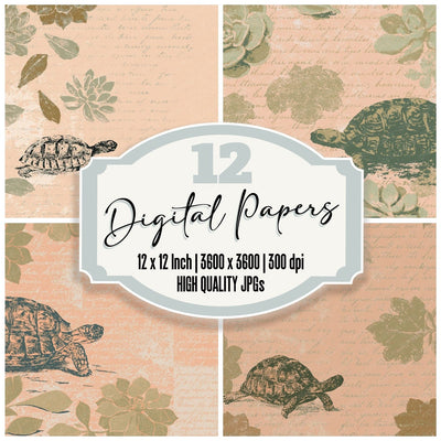 Woodblock Tortoise Succulent Olive Peach Digital Paper Pack (DDD012544)