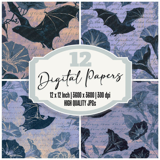 Woodblock Bat Moonflower Lilac Digital Paper Pack (DDD012545)