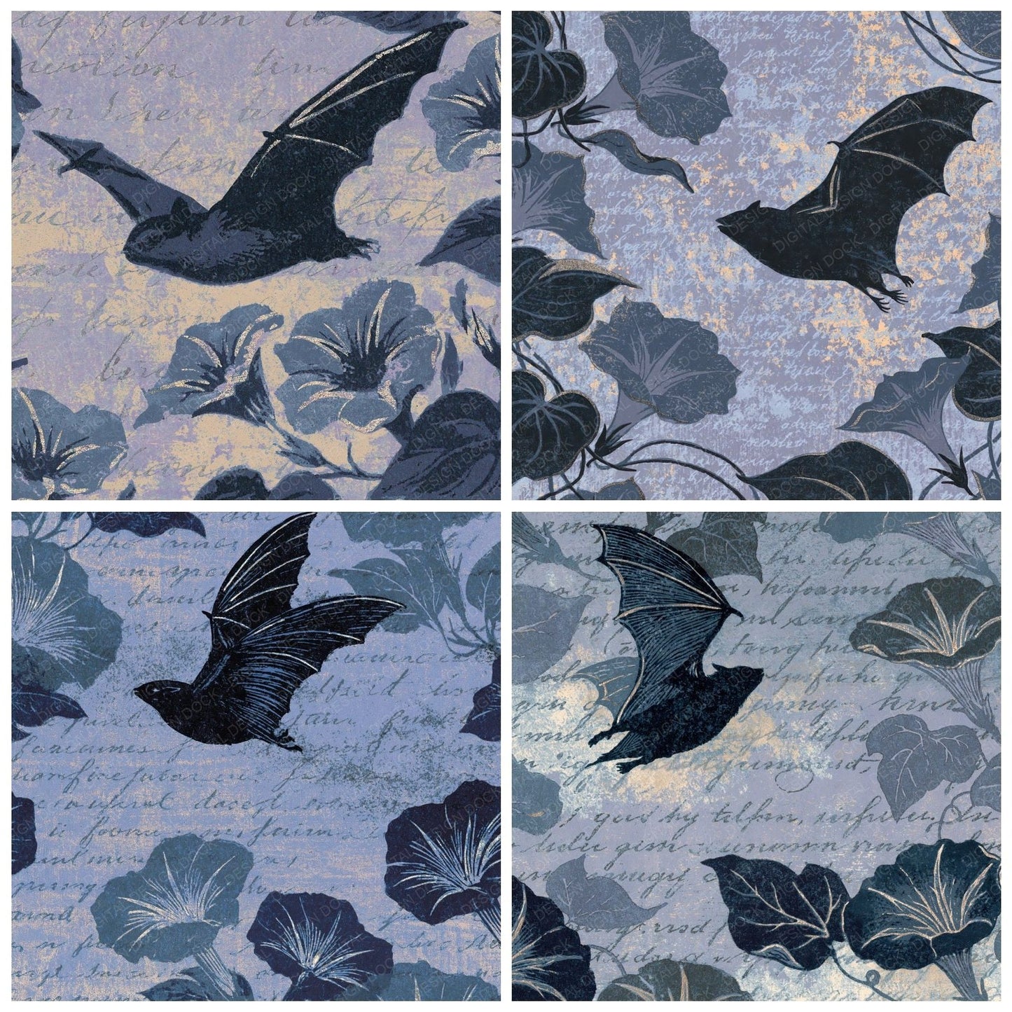 Woodblock Bat Moonflower Lilac Digital Paper Pack (DDD012545)