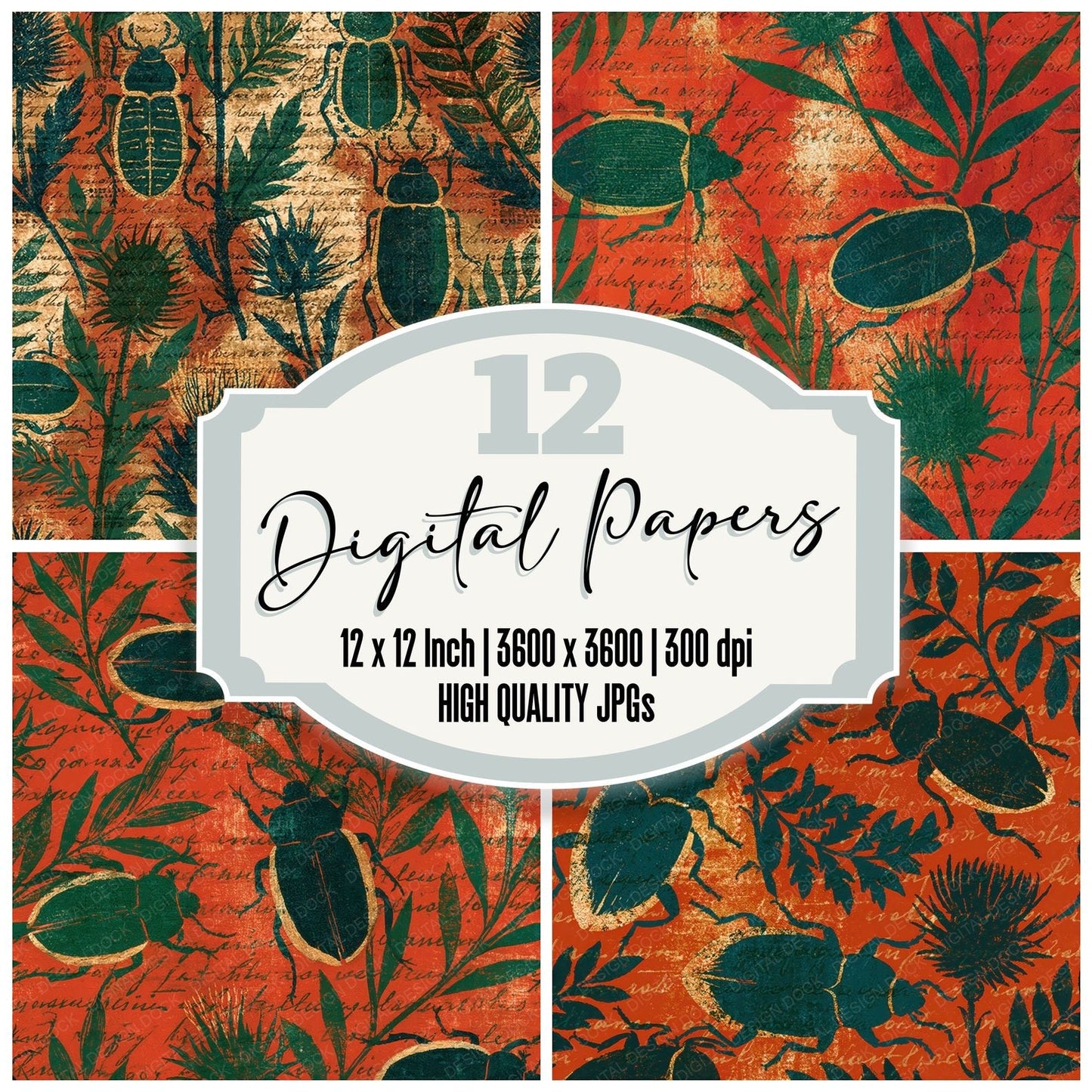 Woodblock Beetle Thistle Emerald Seamless Digital Paper Pack (DDD012546)