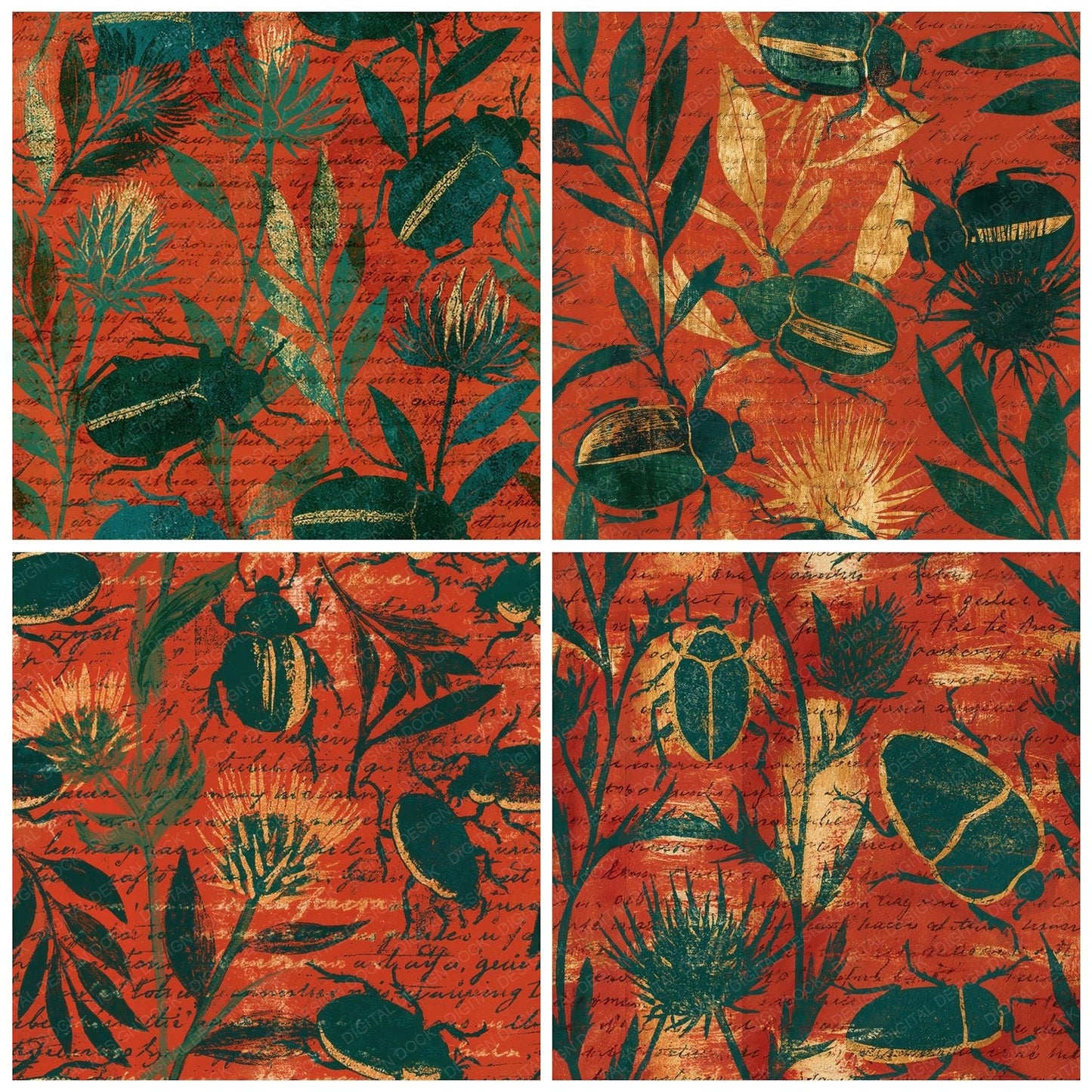 Woodblock Beetle Thistle Emerald Seamless Digital Paper Pack (DDD012546)