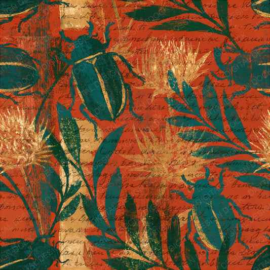 Woodblock Beetle Thistle Emerald Seamless Digital Paper Pack (DDD012546)