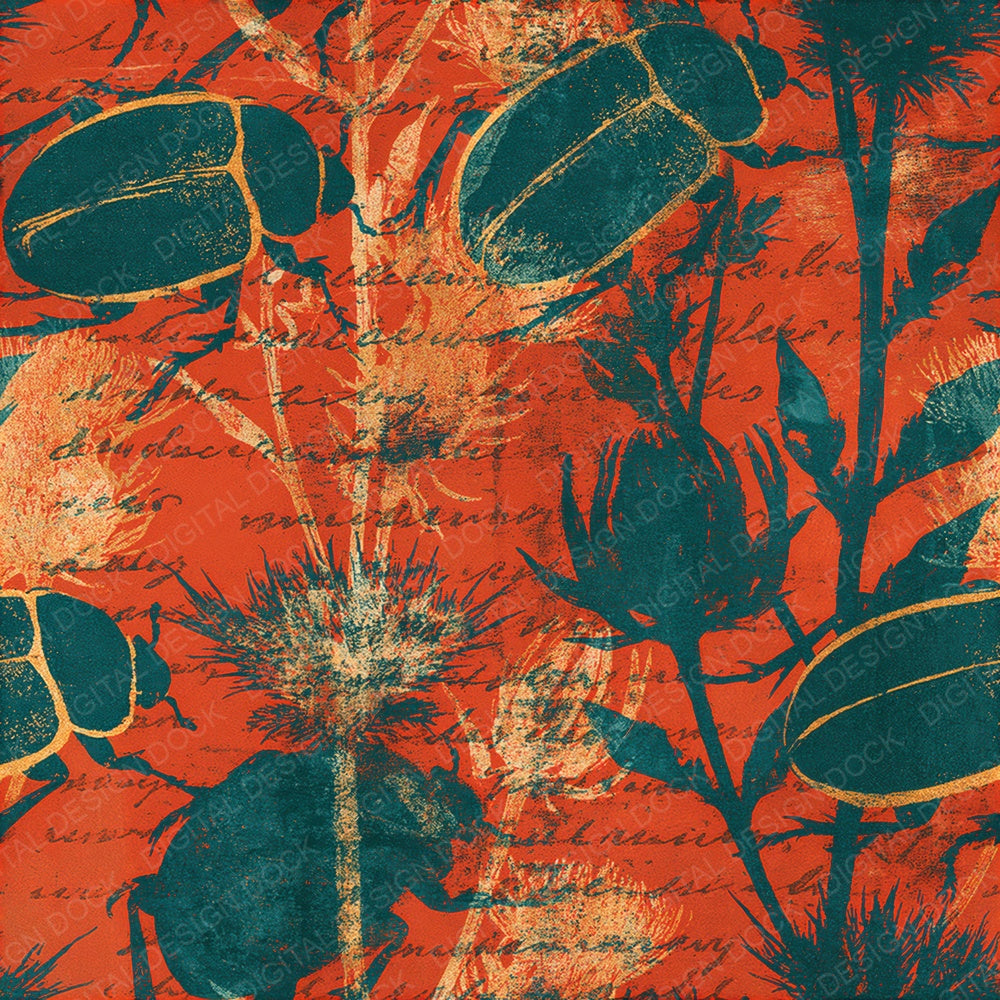 Woodblock Beetle Thistle Emerald Seamless Digital Paper Pack (DDD012546)