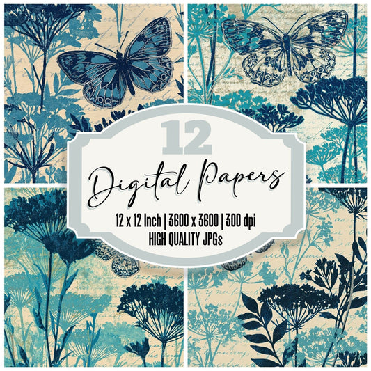 Woodblock Butterfly Cerulean Primrose Digital Paper Pack (DDD012547)