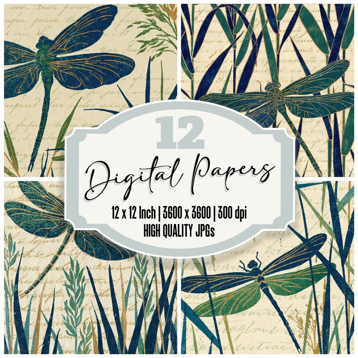 Woodblock Dragonfly Reeds Peacock Buttermilk Digital Paper Pack (DDD012548)