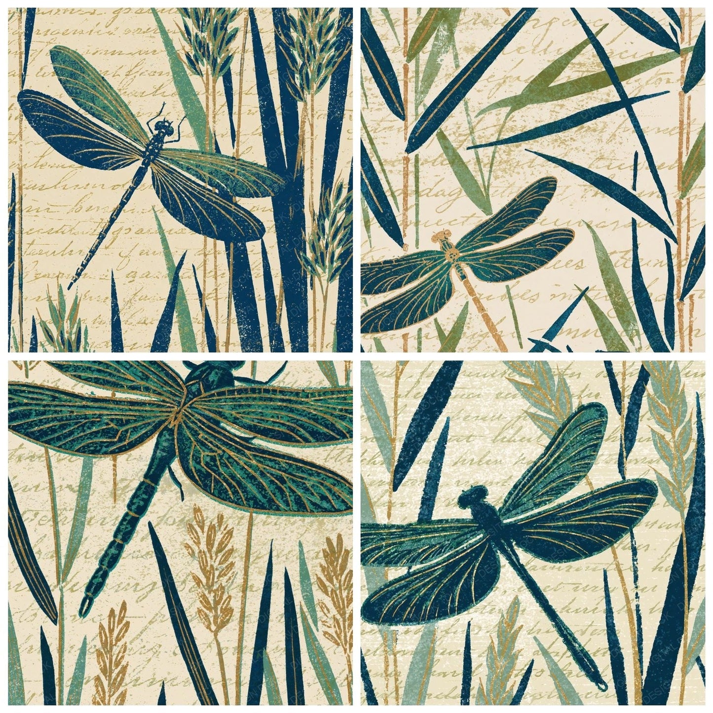 Woodblock Dragonfly Reeds Peacock Buttermilk Digital Paper Pack (DDD012548)
