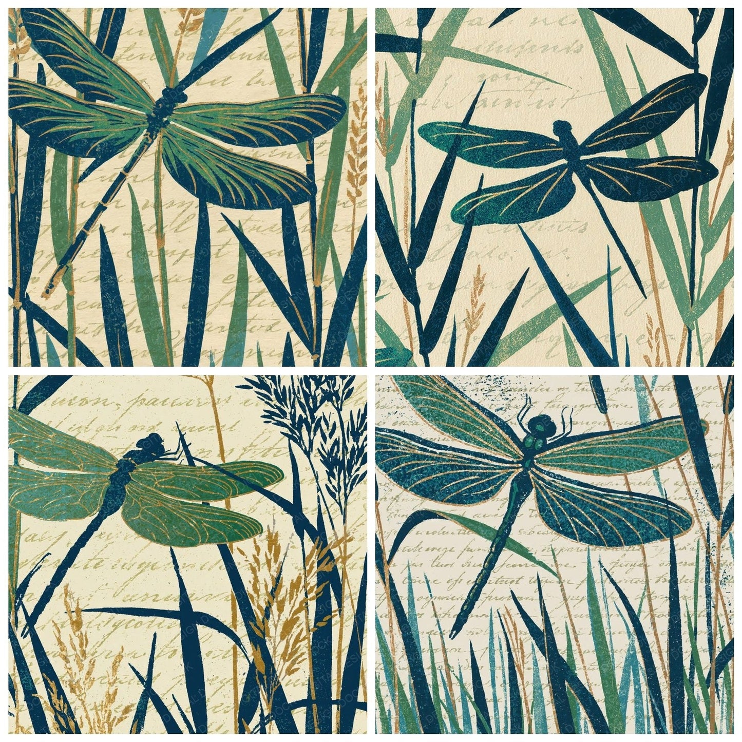 Woodblock Dragonfly Reeds Peacock Buttermilk Digital Paper Pack (DDD012548)