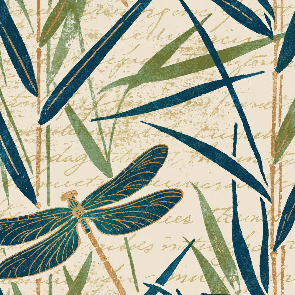 Woodblock Dragonfly Reeds Peacock Buttermilk Digital Paper Pack (DDD012548)