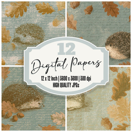 Woodblock Hedgehog Acorn Caramel Digital Paper Pack (DDD012549)