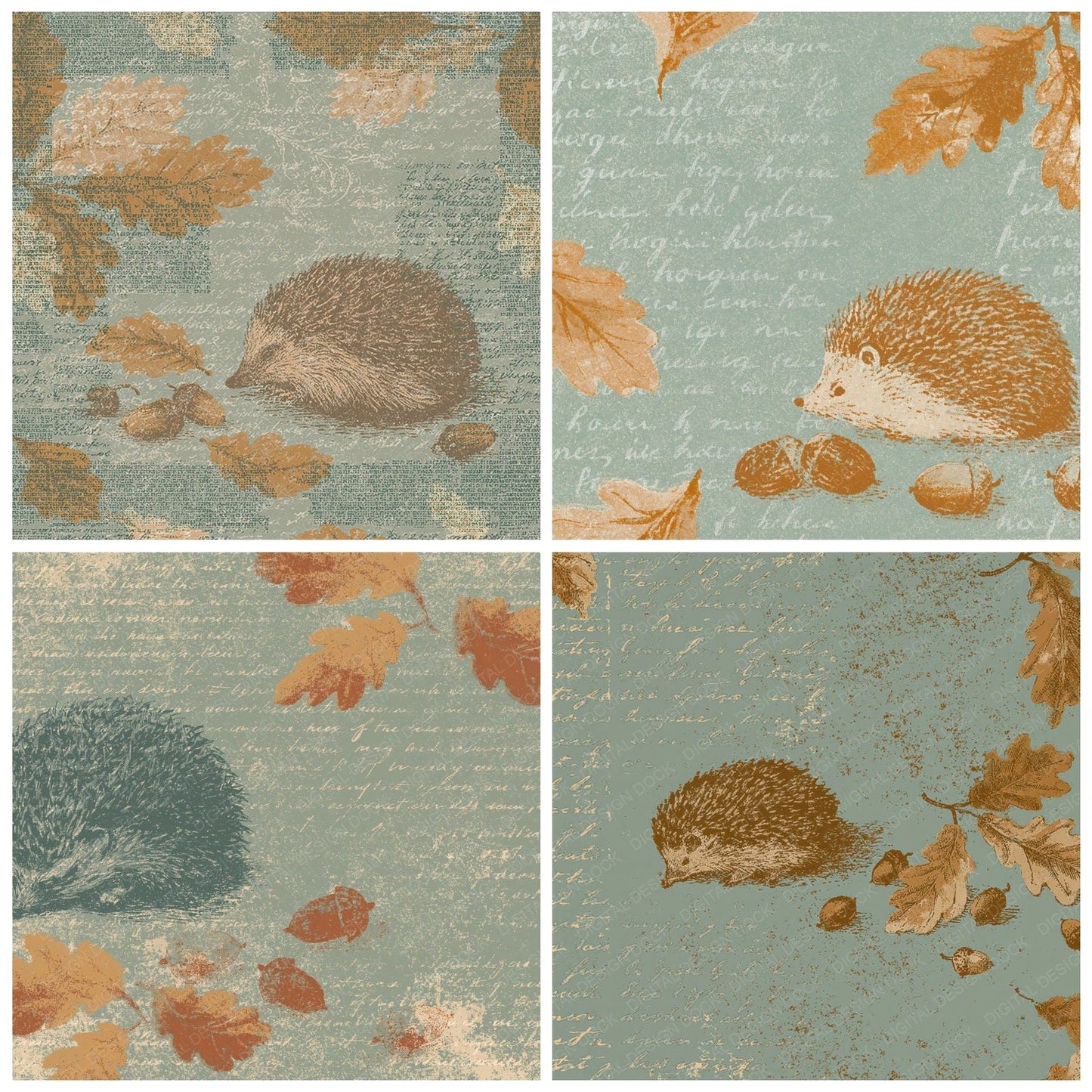 Woodblock Hedgehog Acorn Caramel Digital Paper Pack (DDD012549)