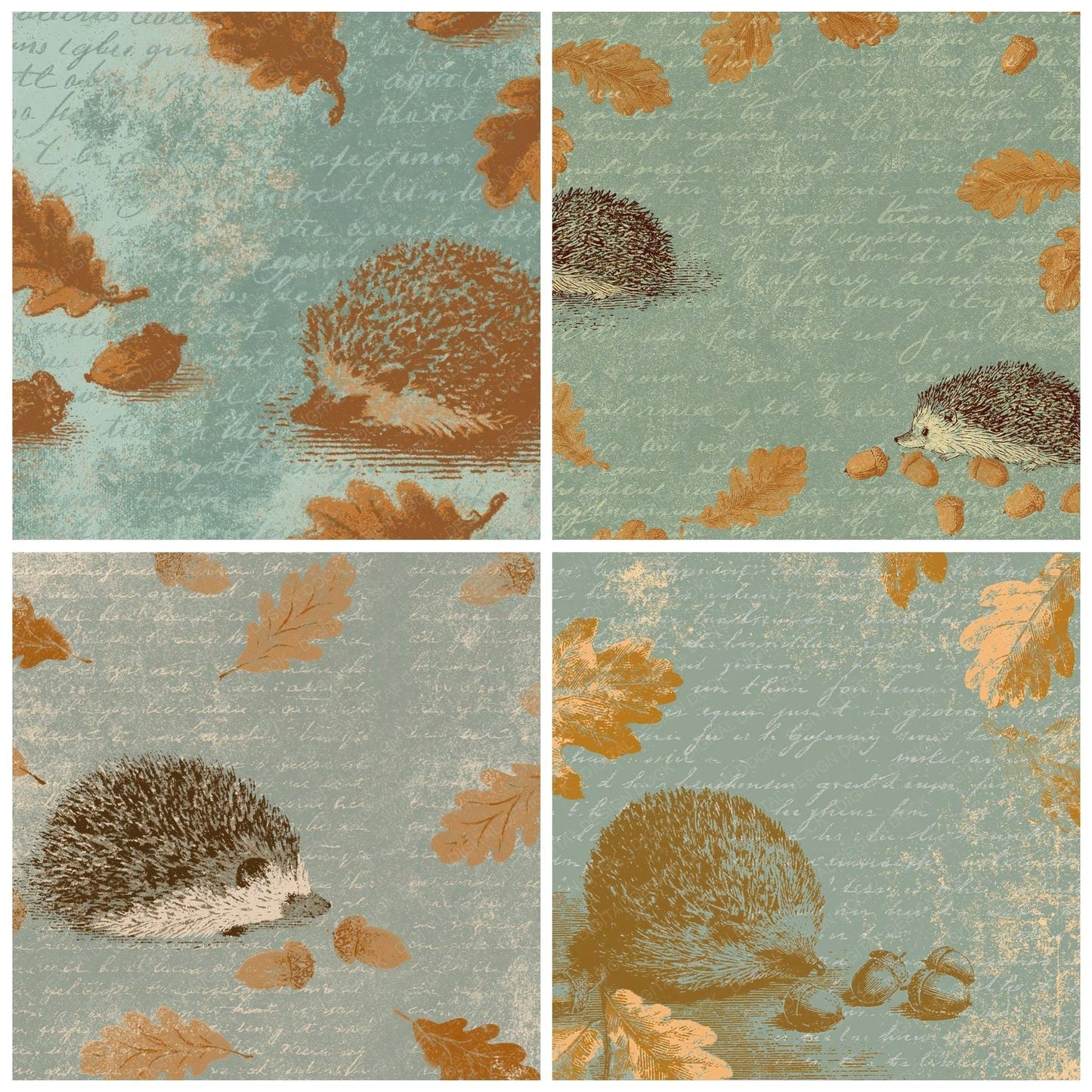 Woodblock Hedgehog Acorn Caramel Digital Paper Pack (DDD012549)